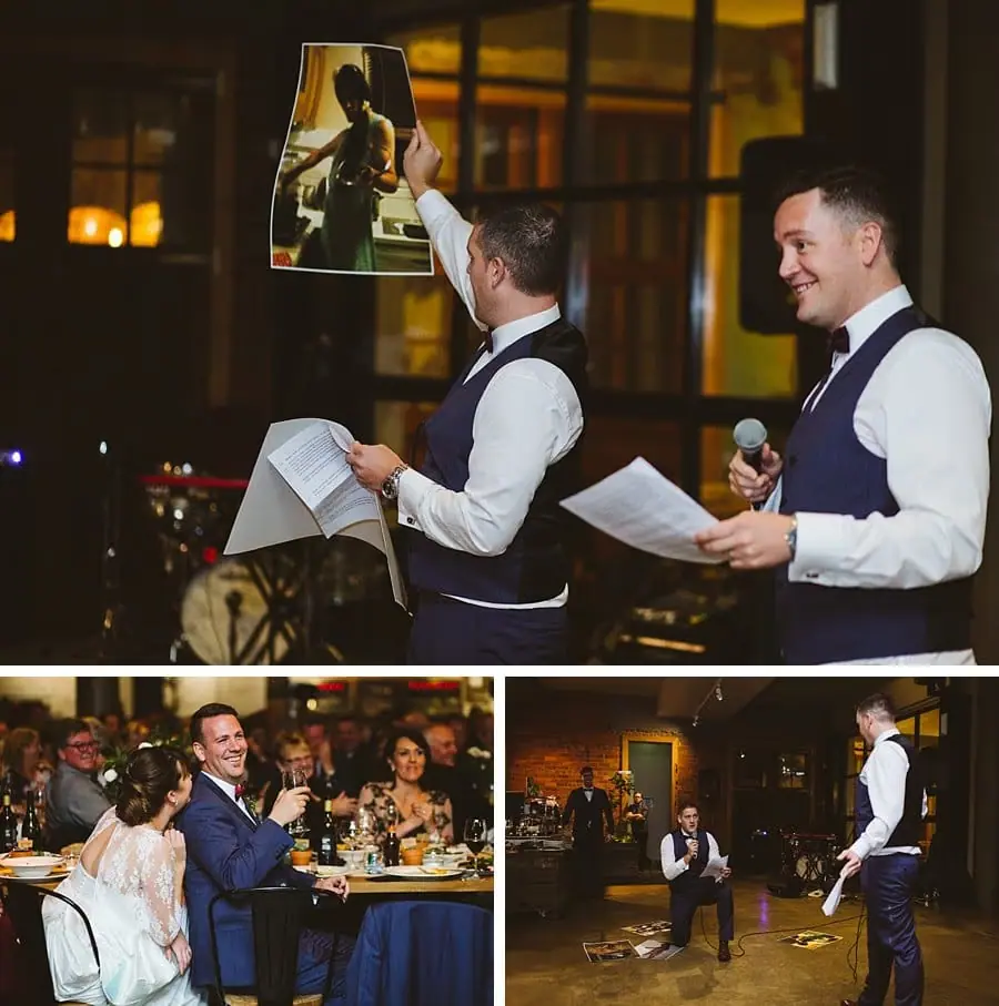 Three photographs of men giving speeches and seated guests reacting.