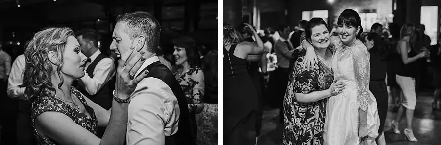 Two black-and-white photographs of wedding guests embracing and dancing together.