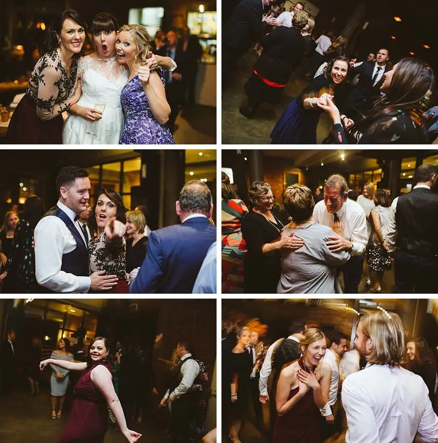Six photographs of wedding guests celebrating and dancing together.
