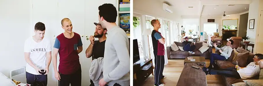 Two photographs of people talking and relaxing together in a bright living room before the wedding.