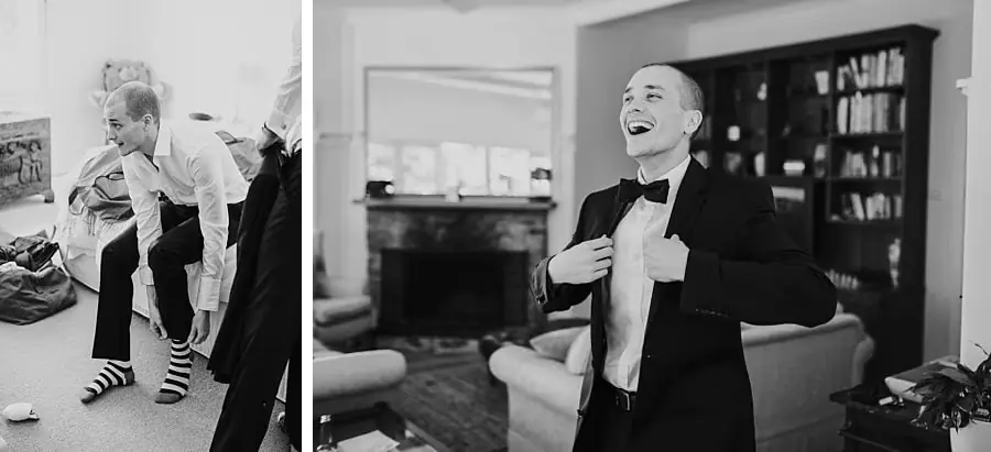 Two black-and-white photographs of a man getting dressed and laughing in his wedding suit.