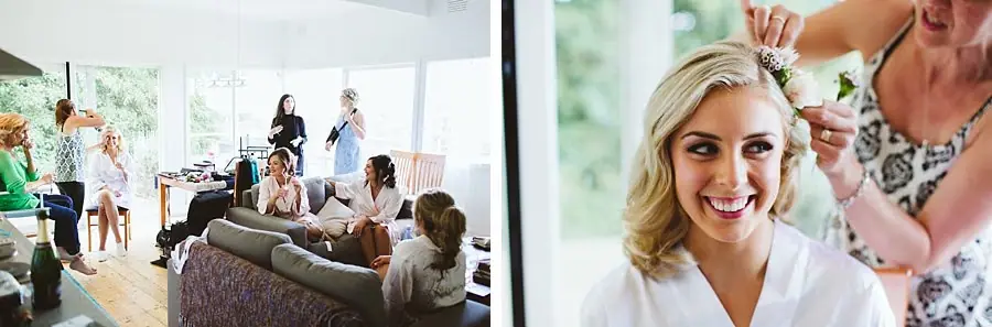 Two photographs of women relaxing in a bright room and the bride having her hair styled.
