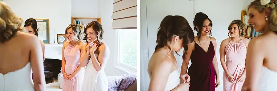 Two photographs of the bride and bridesmaids laughing together while getting ready.