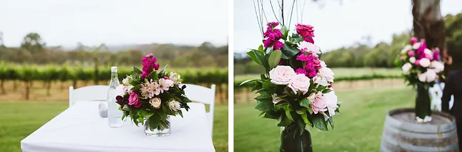 Two photographs of pink and white floral arrangements on the ceremony table and a wooden barrel.