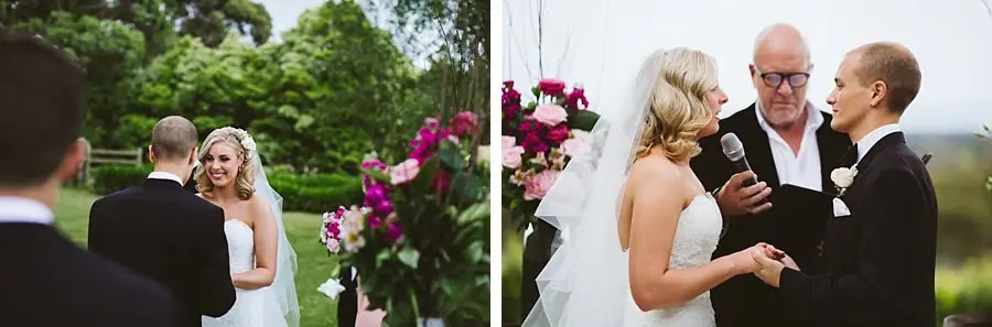 Two photographs of the bride smiling at the groom as their celebrant conducts the ceremony.