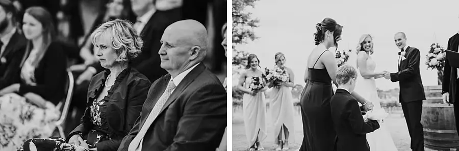 Two black-and-white photographs of seated guests and a bridesmaid standing beside the ceremony.