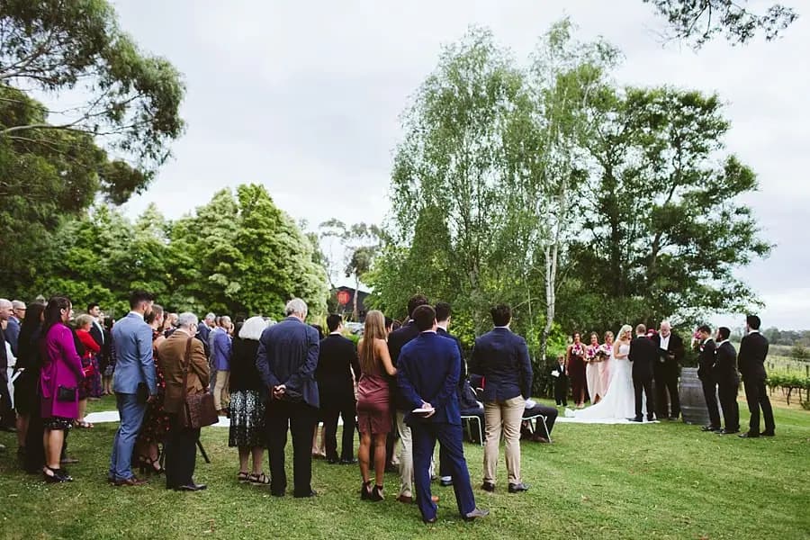 Wide view of the wedding ceremony on a green lawn beside the vineyard.