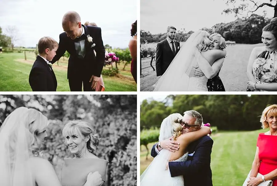 Four photographs of newlyweds greeting guests with handshakes, laughter and hugs outdoors.