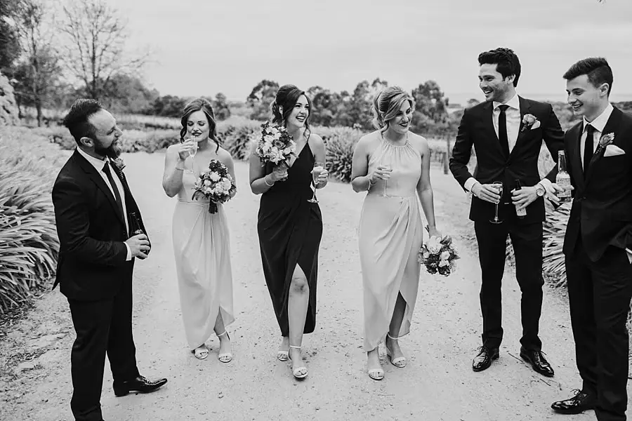 Black-and-white photograph of the wedding party laughing together beside the vineyard.