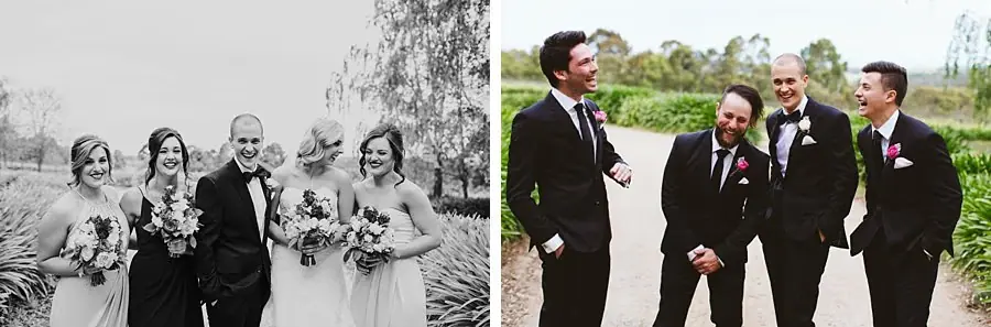 Two group portraits of the newlyweds with bridesmaids and groomsmen outdoors.