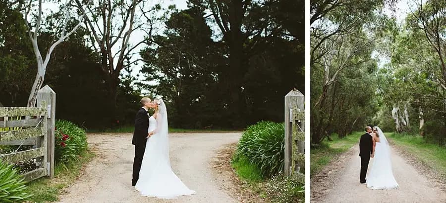Two photographs of a bride and groom embracing on a tree-lined gravel driveway.