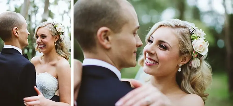 Two close portraits of the bride smiling at the groom beside leafy trees.