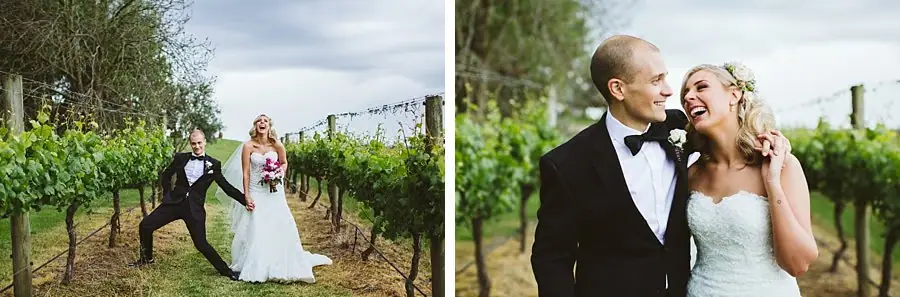 Two portraits of newlyweds among vineyard rows, smiling together and posing playfully.