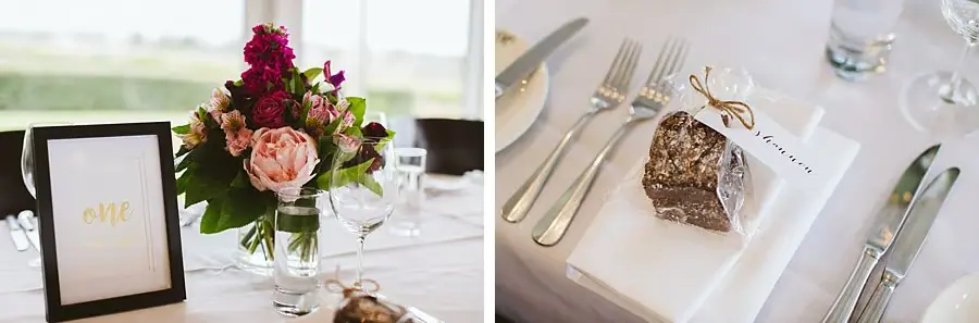 Two photographs of a floral table arrangement and a wrapped favour on a place setting.