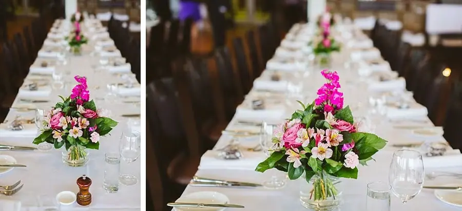 Two photographs of long reception tables decorated with pink and white flowers.