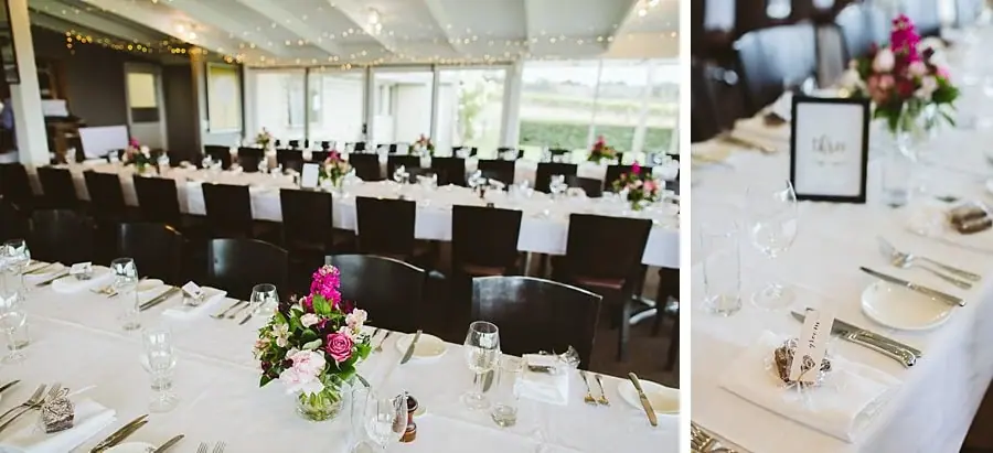Two photographs of the reception room and a close view of a flower-decorated place setting.