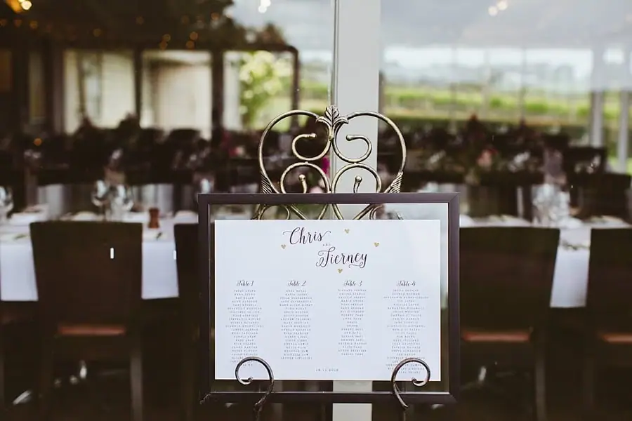 Framed seating chart on an ornate metal stand in the reception room.