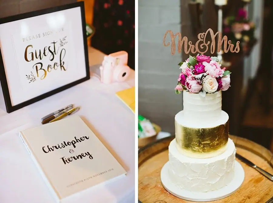Two photographs of the guest book table and a tiered cake topped with flowers and a Mr & Mrs sign.