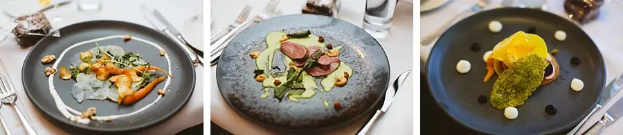 Three photographs of plated food presented on dark plates at the reception.