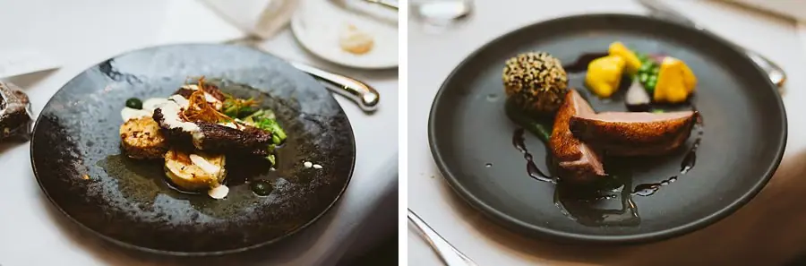 Two photographs of plated meals on dark plates beside cutlery.
