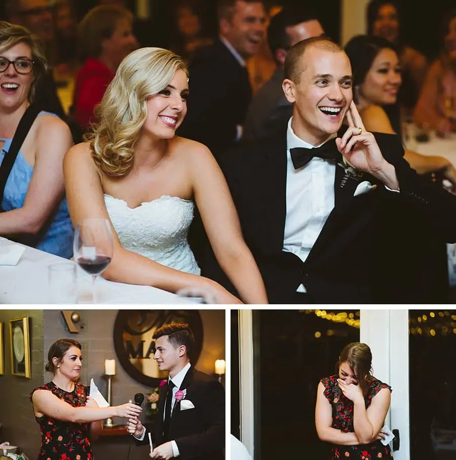 Four photographs of newlyweds listening and laughing and guests giving reception speeches.
