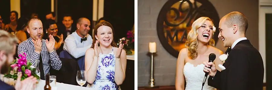 Two photographs of guests laughing during speeches and newlyweds sharing a laugh with a microphone.