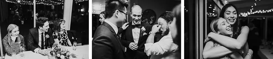Three black-and-white photographs of reception guests, friends singing together and the bride hugging a guest.