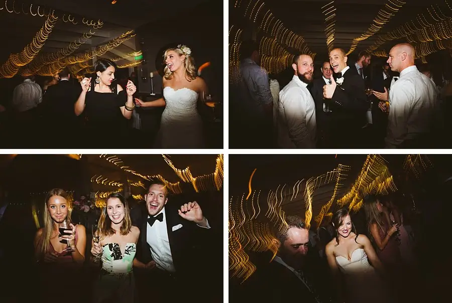 Four photographs of wedding guests laughing, talking and dancing beneath warm reception lights.
