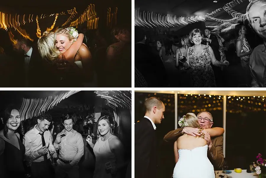 Four photographs of the bride and guests dancing and laughing at the reception.