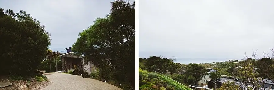 Two photographs of a tree-lined driveway and rooftops amid greenery.