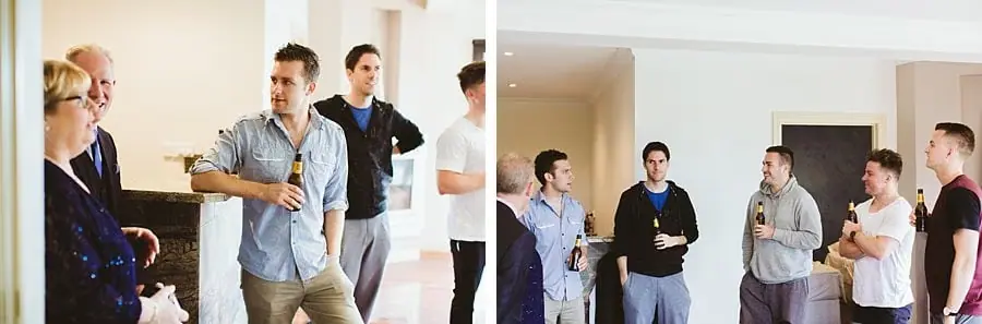 Two photographs of men chatting with drinks indoors.