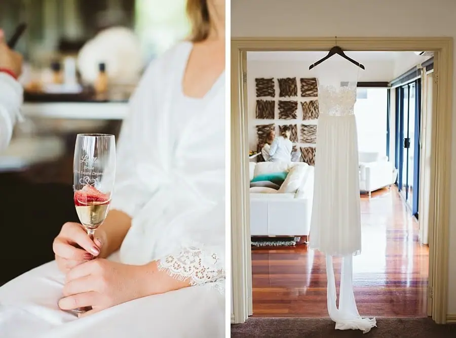 Two photographs of a drink held beside a lace robe and a hanging wedding dress.
