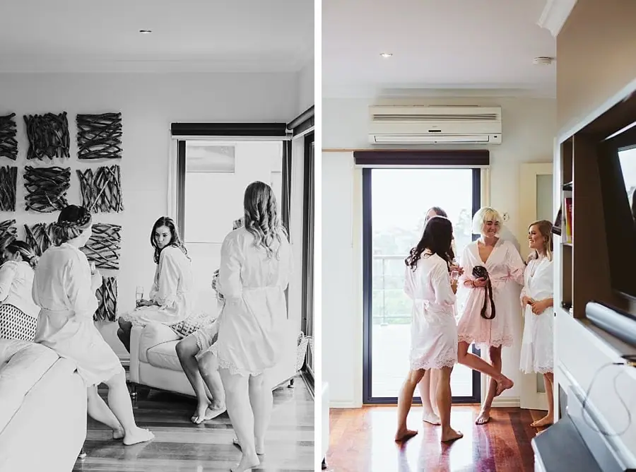 Two photographs of women chatting in a living room.