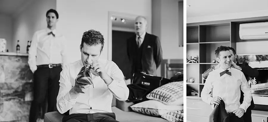 Two black-and-white photographs of a man adjusting his clothing.