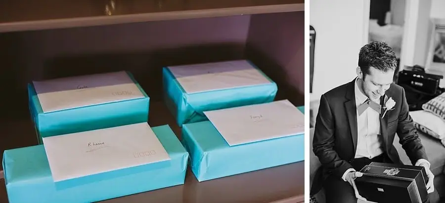 Two photographs of wrapped gift boxes and a suited man opening a box.