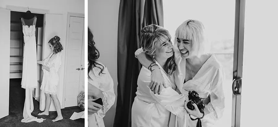 Two black-and-white photographs of women hugging while wearing pale robes.