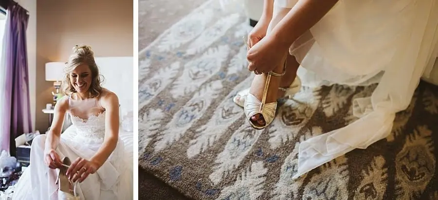 Two photographs of the bride preparing a shoe and fastening its strap.