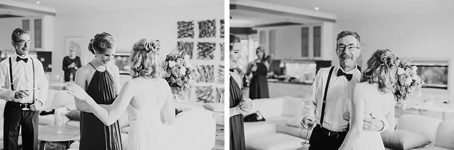 Two black-and-white photographs of the bride greeting a man in braces.