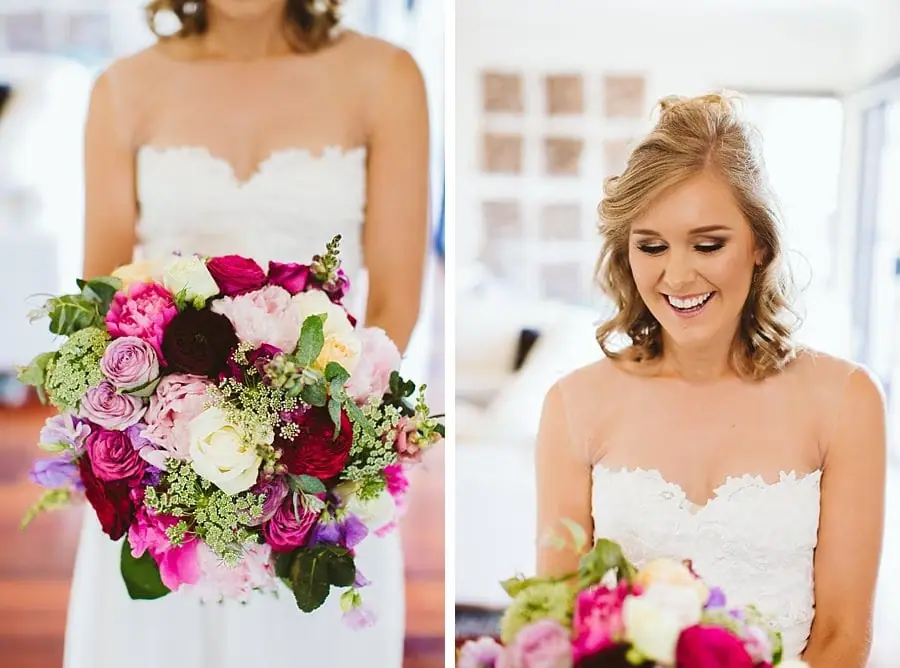 Two photographs of the bride's colorful bouquet and her smiling face.