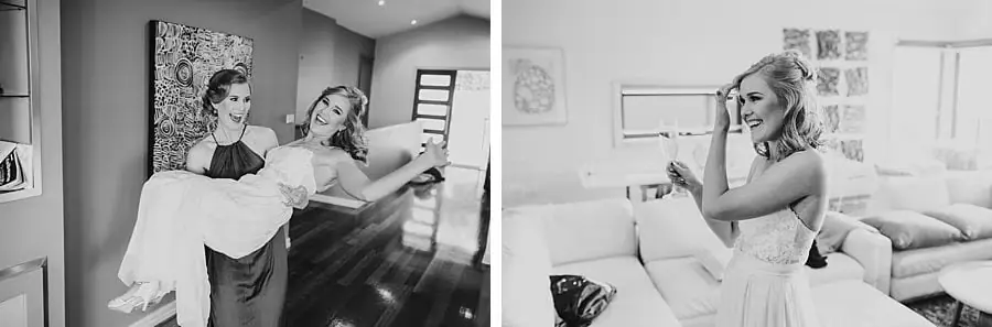 Two black-and-white photographs of the bride and companions raising their hands playfully.