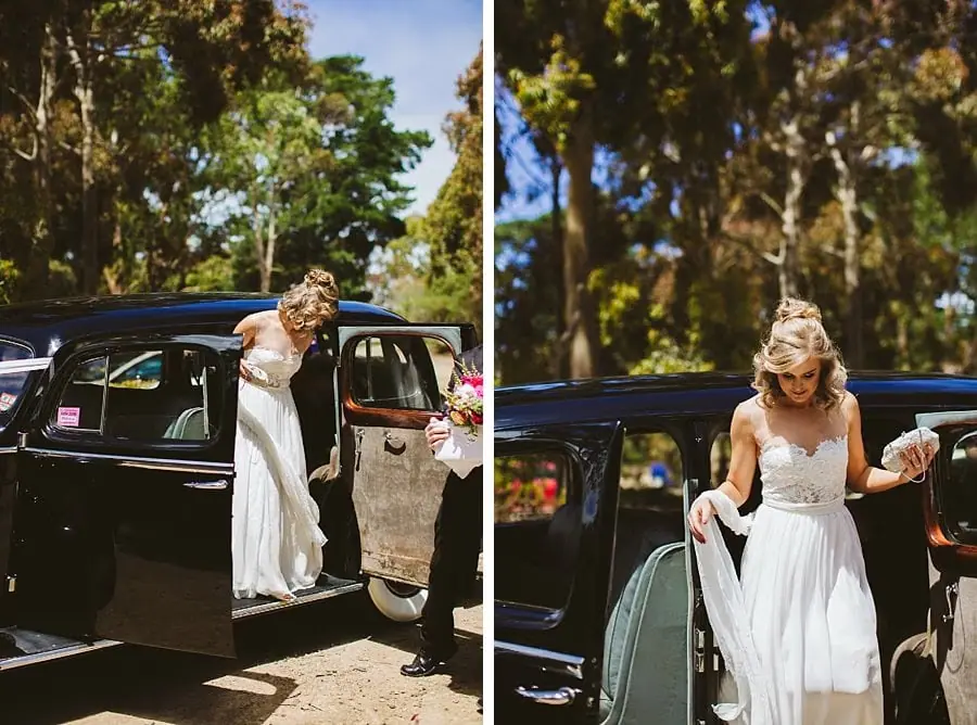 Two photographs of the bride stepping out of a vintage black car.