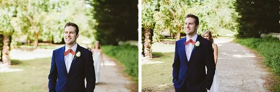Two photographs of the groom smiling as the bride approaches behind him.