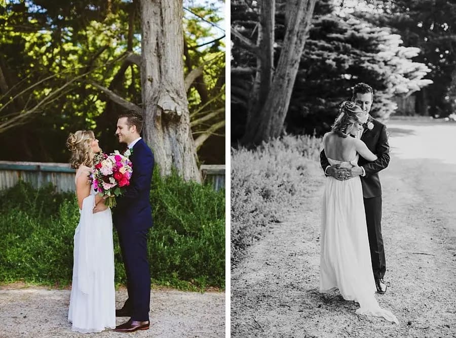 Two photographs of the couple embracing on a garden path.