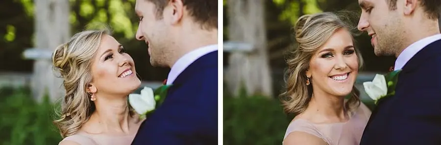 Two close-up photographs of the bride smiling beside the groom.