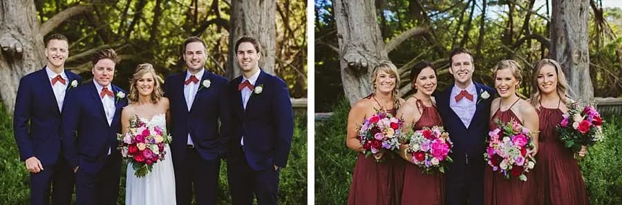 Two photographs of the bride with suited men and the groom with women holding bouquets.