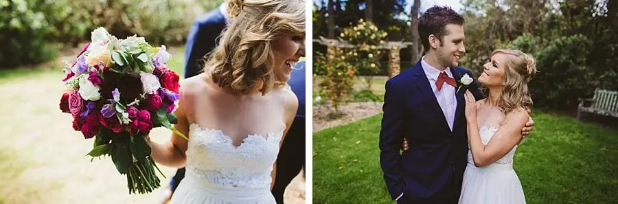 Two photographs of the bride's bouquet and the couple smiling on a lawn.