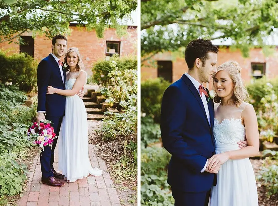 Two photographs of the couple embracing beside a brick garden building.