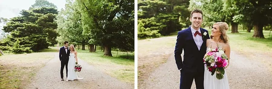 Two photographs of the couple standing on a tree-lined gravel path.