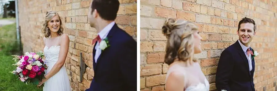 Two photographs of the couple smiling at each other beside a brick wall.