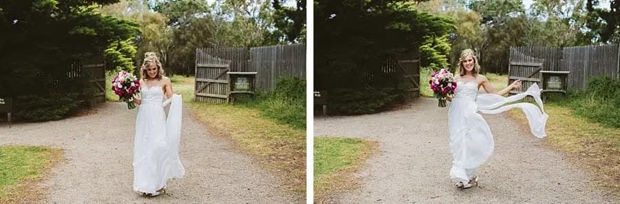 Two photographs of the bride walking and lifting her flowing skirt.